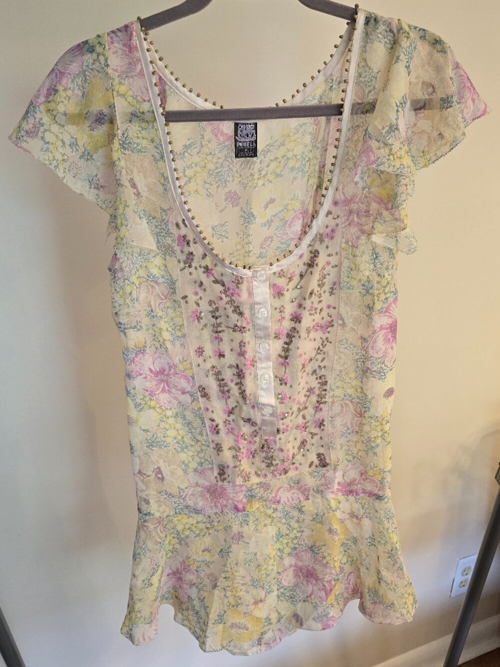 Free People Vintage Beaded Floral Ruffle Sleeve Dress Size 6